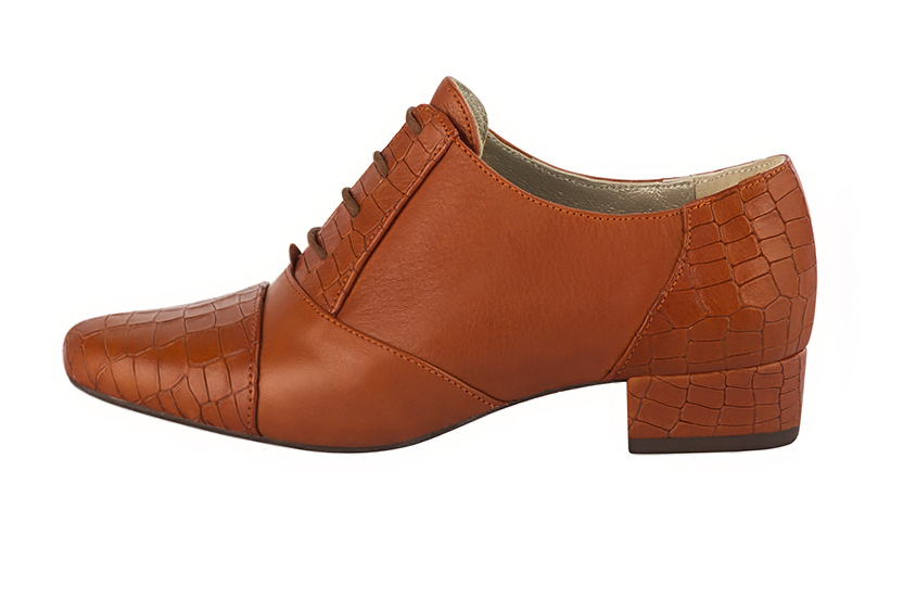 Terracotta orange women's essential lace-up shoes. Round toe. Low block heels. Profile view - Florence KOOIJMAN